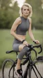 Placeholder: photography of a beautiful anorexic woman, grey satin triathlon top, sports illustrated, blond short wavy bob haircut, pronounced sternum, flat chest, anthracite cycling leggins