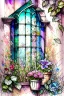 Placeholder: Shabby chic window with flowerpots and bouquets filled with beautiful flowers.full sunlight, stormy clouds, bird, watercolour and ink, stained glass Modifiers: elegant intricate beautiful fantastic view crisp quality colourful Jean-Baptiste Monge pastel colors full view