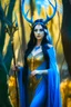 Placeholder: A picture of a beautiful blue faced Korean goddess with skin painted blue, blue body, blue torso, wild black hair, stag antlers, elven ears, golden skirt, holding a staff in a sunny forrest