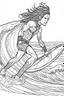 Placeholder: Outline art for coloring page OF A BUFF SURFER WITH LONG CURLY KINKY HAIR WITH HIS BACK TO US CANNOT SEE FACE WEARING SHORTS RIDING A WAVE IN HAWAII, coloring page, white background, Sketch style, only use outline, clean line art, white background, no shadows, no shading, no color, clear