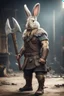 Placeholder: portrait of fast historic strong viking rabbit with horned viking helmet & boots holding war axe in fallout 4 setting, bokeh, downlight, prize winning, depth of field, in the style of ivo caprino