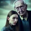 Placeholder: a young woman sitting next to a older man, portrait, 8K, close-up face, anatomically perfect face, Highly detailed stunning full frame portrait, misty and cloudy atmosphere