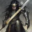 Placeholder: dnd character fantasy paladin knight, weathered plate armour, guilded effects, long black hair, gloomy expression on face, serious moody eyes, drawn full portrait in the style of Nobuyoshi Araki