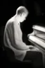 Placeholder: Hombre, pianista, tocando el piano, mirando hacia su derecha, fuertemente iluminado desde, blanco y negro vaporoso, al estilo del fotógrafo Hugo Alonso