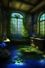 Placeholder: fantasy, gothic, vintage , fairy room ,open area without a wall,colorful petunia, lots of greenery, moss, ivy, morning light, near a stream, pond, blue wisteria, photorealistic painting, high detail, hyperdetalization, megarealism, surrealism, fractal, filigree, botanical fantastik, beautiful, aesthetically pleasing, saturated, exquisite, magically, gently, clear details