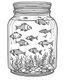 Placeholder: fish sea life in jar minimalistic, line art, background, vector, svg, coloring book page style, black outline on white background