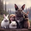 Placeholder: family portrait with 2 girls, 1 boy, 1 blond mother , 1 grey rabbit, 1 black and grey rabbit, one very old red-headed sleepy cat, winter mountain background,