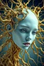 Placeholder: The image depicts a striking fusion of surrealism, biomorphism, and futuristic aesthetics. A female face with pale blue, almost porcelain-like skin emerges from an intricate golden web of organic structures.