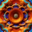 Placeholder: Abstract Fantasy Cyan Yellow Big Flower. Smooth Red Brown Wave Background. Axial Symmetrical, Vertical Symmetrical, Horizontal Symmetrical.