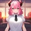 Placeholder: ROBLOX woman character pink hair with horns with white t-shirt and black tie