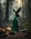 Placeholder: This photography depicts a mystical and magical atmosphere in the forest. A character in a green robe sits on rocky ground, facing a giant eagle that has brown and white feathers, and sharp eyes. There was a bonfire burning brightly between them, creating dramatic lighting and shadows around them. A small bird sits on the character's arm, adding a fantastical element to this image. The background is dark with hints of trees and leaves, creating an enigmatic atmosphere.