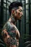 Placeholder: tattooed korean man, nice profile, attraktive handsome, medium long black hair, hot body, his body with geometric tattoos, deep dark colors, blur random forest background, highly detailed, modern vibe, photorealism