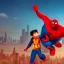 Placeholder: Big max from big hero 6 flying with hanuman in golden lanka of Ravan with spiderman on his shoulder ultra realistic night escape