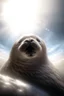 Placeholder: fluffy clouds, portrait of seal soaring like an angel through the clouds with a blessed smile, gates of heaven, 4 k, down light, depth of field, trending art, high detail