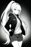 Placeholder: blonde girl with ponytails dressed in a jacket and shorts walks briskly, greyscale