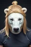 Placeholder: A portrait of an attractive stern ox polar bear with wig, shoulder-length blond hair tied in a tight knot, pale skin,light green eyes, muscular build, wearing grey t-shirt