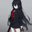 Placeholder: Clear focus, High resolution, long black fluffy hair, blue eyes, wearing a black sailor uniform, red tie, yandere, rough line sketch, dark aura, holding a katana, hair between eyes, 1girl, standing in grey sand