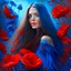 Placeholder: Beautiful spring splendor, and a beautiful woman with long hair, in a beautiful blue dress. with red poppies painted at the bottom with a delicate brush, 3D-Coat, visual effects, hyper-detailed, magical, vibrant and refreshing color palette