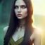 Placeholder: woman with Light-brown long hair, dark fantasy setting, ethereal, soft lighting, soft green eyes, big cheeks, big forehead, wide chin, small nose