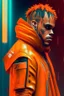 Placeholder: Chris brown dressing in orange, cyberpunk, ultra realistic