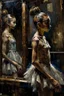 Placeholder: a beautiful ballerina, in a studio, Infront of a mirror, side profile with eyes looking slightly Down, her reflection in the mirror is however looking straight back at her and not looking down, scary, dark undertone, 12k, detailed painting, thick impasto and textures with rough brush strokes, chaos background with cracked paint, peeling off