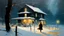 Placeholder: A cowboy walking down a very snowy road in a blizzard with lots of snow falling and blowing with a house with a bright light on it :: by Robert McGinnis + Jeremy Mann + Carne Griffiths + Leonid Afremov, black canvas, clear outlining, detailed