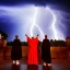 Placeholder: three sourceress,woman with a priest, beautiful, spanish inquisition, night, crowd cheering, strange lens prospective, thunderstorm, high definition, cinematic, reflections