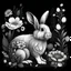 Placeholder: a beautiful rabbit between seeds and big flowers black background .black and white colors. for a coloring. with grayscale