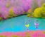 Placeholder: fairies in a magic pink forest with purple and pink trees, pink and blue and yellow flowers and around a turquoise lake, a blue sky and sunlight