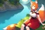 Placeholder: Girl, fox ears, one big fox tail, orange hair, red skirt, river, fox foot , sit on the shore,