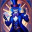 Placeholder: 90's fantasy tcg art of a top hat man with a spiral mask in a blue circus