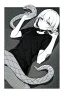 Placeholder: girl in T-shirt lying on the ground and covered with snakes, greyscale