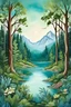 Placeholder: Panorama composition, green theme, forest lakeside, Swiss impression, bohemian theme handmade decorative painting, creative composition, stunning design, master work, light blue background