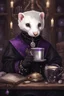 Placeholder: (anthropomorphic white ferret),dressed in ((cleric fantasy)) black and purple clothes with silver holy ornaments, realistic anatomy, fantasy tavern on background, mage and holy symbols around, serious face, hold cup of coffe, tired face, in the style of LOISH, glasses