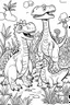 Placeholder: Generate a cute and simple full-body illustration of lovable dinosaurs in black and white. The scene should depict these friendly dinosaurs engaged in playful activities in a prehistoric setting. The goal is to create a coloring page for children, so ensure the illustration is detailed enough to provide opportunities for coloring, with each dinosaur having a distinct and charming character