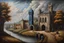 Placeholder: Tardis - oil on canvas, in the style of hyperrealistic environments, dutch genre scenes, grisaille, fantastical ruins, nostalgic rural life depictions, venetian scenes, barroco, cloudpunk, steampunk roads and orchards and trees and fields and mountains and medieval cities, the city is crossed by a big river that a big medieval stone bridge, large walls surround the city, gustav klimt