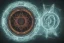 Placeholder: a fiery wheel with 100 eyes floating above the ground, a laser beam pentagram floating above the ground, celtic knot bronze floating, golden ratio, spring time, mushrooms, 8k, flickering light, centered, high-quality, fine-detail, digital art, detailed matte, volumetric lighting, illustration, 3D octane render,psychedelic color