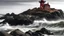 Placeholder: An old lighthouse on a rugged coastline, with red waves crashing at its base.