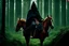 Placeholder: hooded monk on horseback in the forest