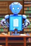 Placeholder: The library is serviced by computers, and there are many books on the shelves. The robot sits at the table and searches for books in the catalog in the computer Expression. High-quality drawing, 8K