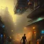 Placeholder: spray paint fantasy art, evening, seen from hole in the ground, dirty city alley, heist action, upper body of human thief in shadow, book illustration, cartoon characters