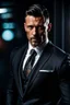 Placeholder: portrait of a 40 year old Handsome muscular male leader with lightly tanned skin and tattoos. Dark hair cut short and a goatee beard. wearing a three piece suit. photorealistic