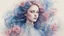 Placeholder: Victorian era, watercolor drawing, double exposure, fine drawing, portrait of a beautiful woman 30 years old, airy transparent dress, double exposure, flower, fantasy, night, blue, pink, flowing hair, highlights, sparkles, clear lines, detailing, fine drawing, high resolution, 8K, photorealism, precise focus,