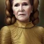 Placeholder: hyperspace background, complete and photo realistic detailed head to waist stunning photo realistic portrait of carrie fisher as Princess Leia in star wars with photo realistic updo hair by Mandy Jurgens and mucha and Richard Schmid and chuck close and chie yoshii, extraordinary and detailed ceremony dress of star wars,brown eyes