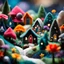 Placeholder: Close-up photograph of a village, naïve, people, flowers made of felt, houses, rock formations, stars and planets, animals, crystals, mineral concretions, extreme detail, intricate, volumetric light, colours, Tim Burton, Max Ernst, Yves Tanguy, sparkles, bokeh