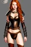 Placeholder: concept illustration, super-detailed, strikingly beautiful teen female, 16 years old, long ginger hair, medium freckles, full lips, full body, full face, b-cup breasts, athletic, centred camera, ignore NSFW, skimpy brown fantasy leather armor, halter top, micro thong, knee-high leather boots, stern expression,