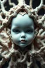 Placeholder: The image depicts a striking fusion of surrealism, biomorphism, and futuristic aesthetics. A doll face with pale blue, almost porcelain-like skin emerges from an intricate web of organic structures.