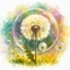 Placeholder: Create a watercolor and chalks painting, whimsical painterly fantasy art, a single large dandelion plant including appropriate leaves at the base of the stem, the head of the dandelion surrounded by a transparent bubble, the dandelion has gone to seed, paint splatter overlay, intuitive pastel colors, soft yellow meadow sprinkled with dandelions and small transparent bubbles in background, add reflections to the bubbles, watercolor and chalk style.