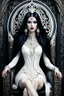 Placeholder: detailed beautiful goddess Hel with long black hair, pale white skin, detailed eyes, sitting on the throne of Helheim, inquisitive spirit | inspiration | dark colors, intricate detailing, surrealism, fractal hair, enigmatic villainess smile, dressed in complex chaotic fractal leather, artificial nightmares style, reflective eyes, detailed eyes, detailed art deco ornamentation, Cinematic lighting, Volumetric lighting,Photorealism, Bokeh blur, Very high detail, Sony Alpha α7, IS1900