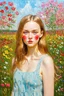 Placeholder: Lily-rose Depp, long hair, rosy cheeks,flower garden, , in the style of pissarro oil painting